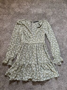 Olive Green Floral Mini Dress with Long Sleeves